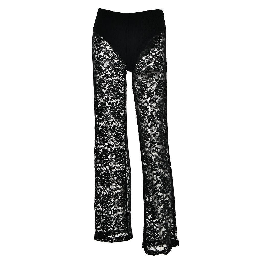 Summer Sexy All Matching Lace See through High Waist Stitching Long Straight Leg Pants - Yara fashion  35104722 Summer Sexy All Matching Lace See through High Waist Stitching Long Straight Leg Pants 