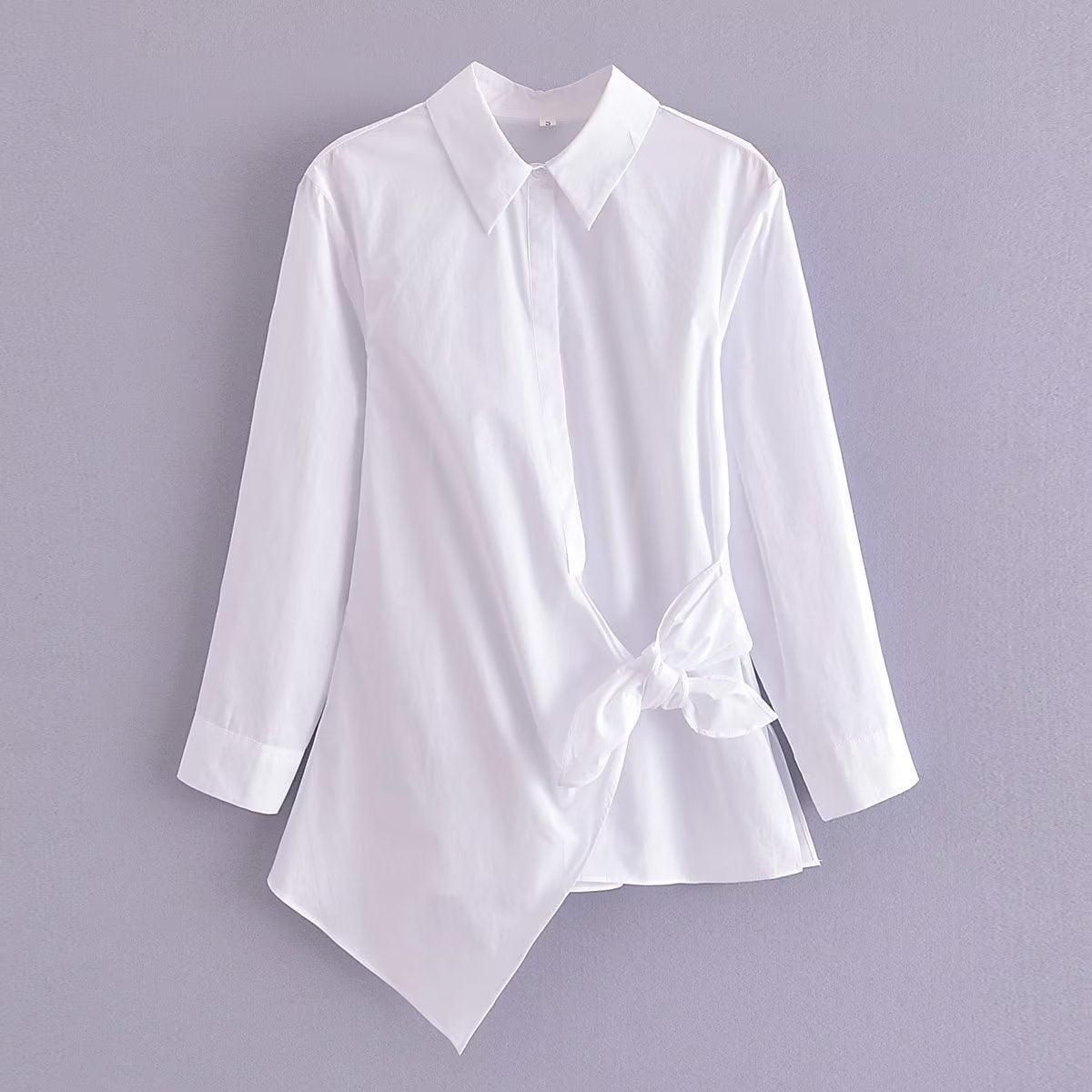 Summer Simple Collared Long Sleeve Asymmetric White Single Breasted Shirt for Women - Yara fashion  66826772 Summer Simple Collared Long Sleeve Asymmetric White Single Breasted Shirt for Women 