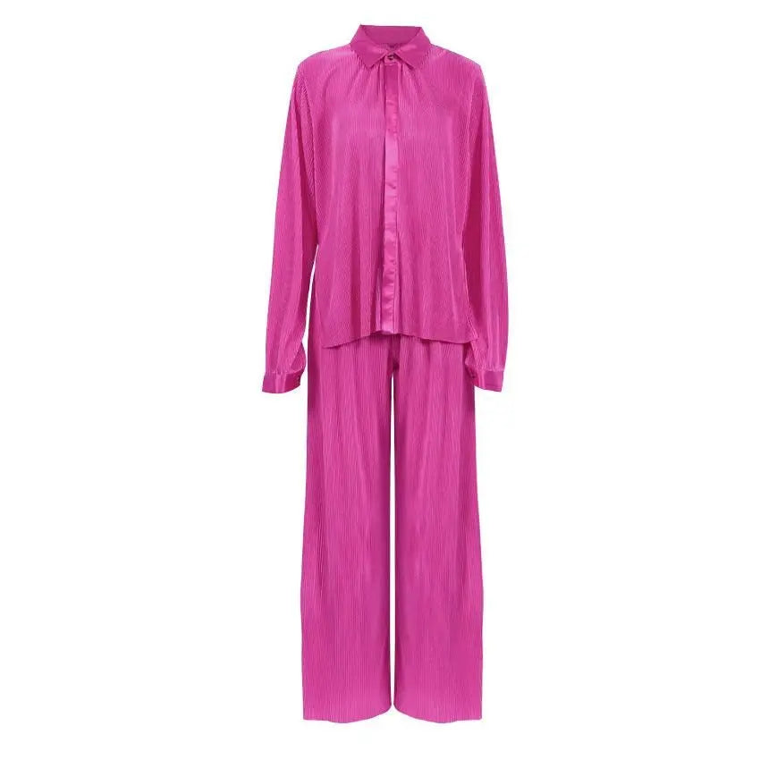 Summer Thin Pleated Pajamas Set Artificial Silk Toothpick Pleated Outdoor All Matching Home Wear Women - Yara fashion  70106478 Summer Thin Pleated Pajamas Set Artificial Silk Toothpick Pleated Outdoor All Matching Home Wear Women 