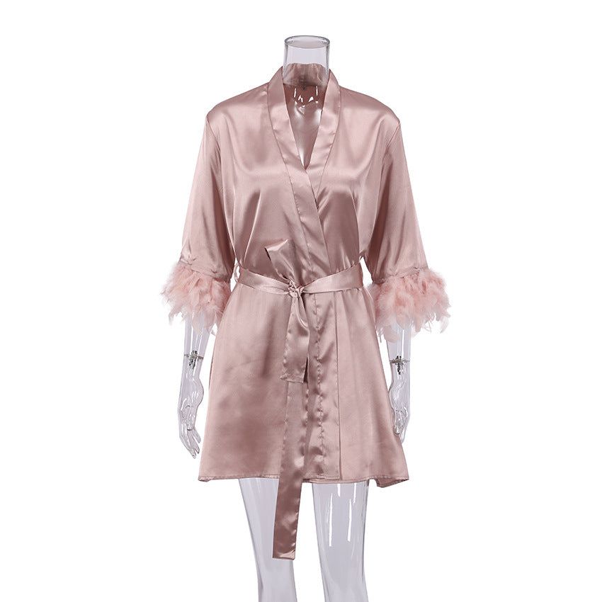 Summer Thin Solid Color Feather Pajamas Satin Ice Silk Simple Cheap Comfortable Women Nightgown - Yara fashion  69611842 Summer Thin Solid Color Feather Pajamas Satin Ice Silk Simple Cheap Comfortable Women Nightgown 