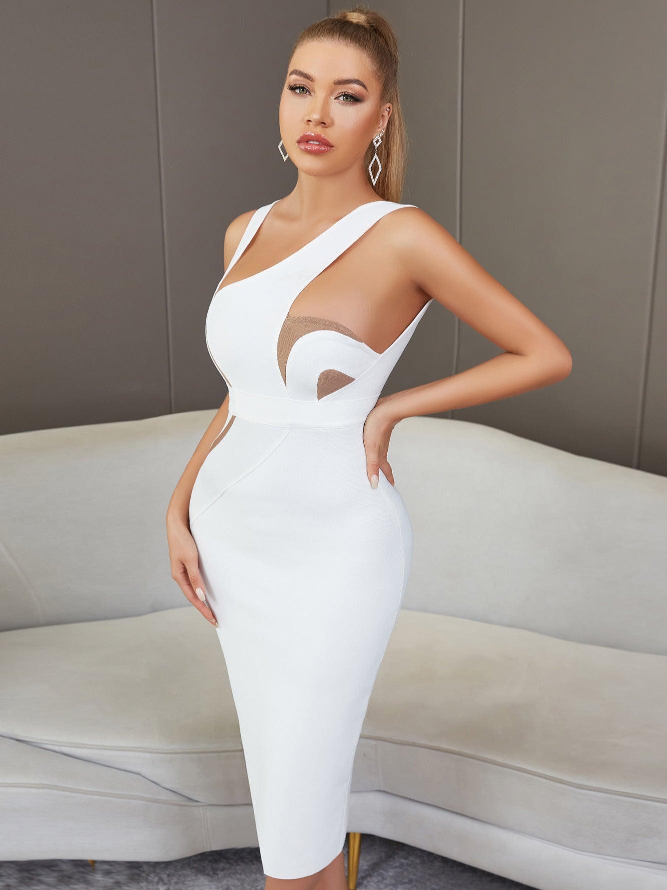 Summer Vest Sleeveless Sexy Backless White Mid Length Tight Bandage One Piece Dress Women Elegant Lady Of Note Evening Dress - Yara fashion  5075430 Summer Vest Sleeveless Sexy Backless White Mid Length Tight Bandage One Piece Dress Women Elegant Lady Of Note Evening Dress 