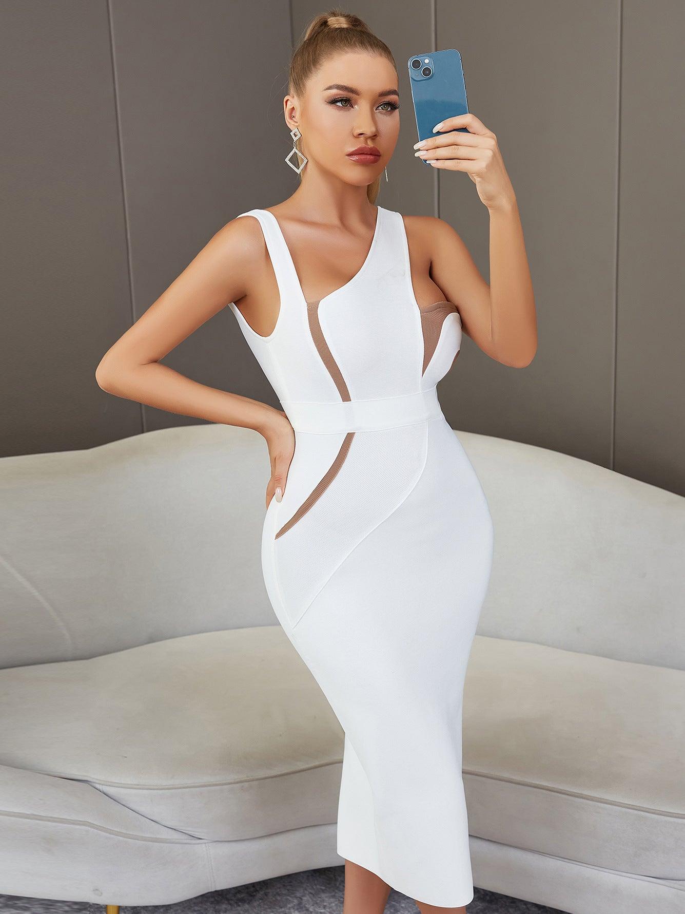 Summer Vest Sleeveless Sexy Backless White Mid Length Tight Bandage One Piece Dress Women Elegant Lady Of Note Evening Dress - Yara fashion  50571709 Summer Vest Sleeveless Sexy Backless White Mid Length Tight Bandage One Piece Dress Women Elegant Lady Of Note Evening Dress 