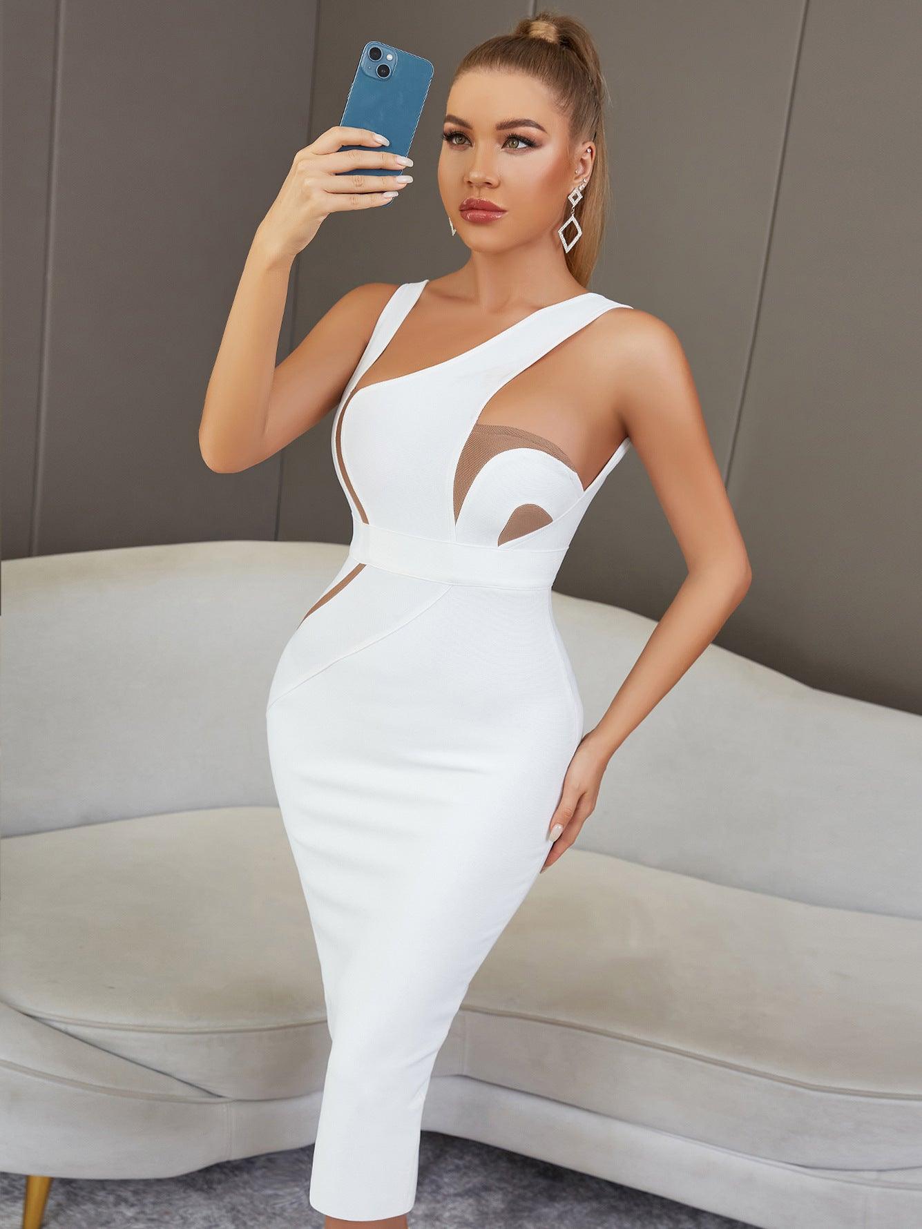 Summer Vest Sleeveless Sexy Backless White Mid Length Tight Bandage One Piece Dress Women Elegant Lady Of Note Evening Dress - Yara fashion  72312143 Summer Vest Sleeveless Sexy Backless White Mid Length Tight Bandage One Piece Dress Women Elegant Lady Of Note Evening Dress 