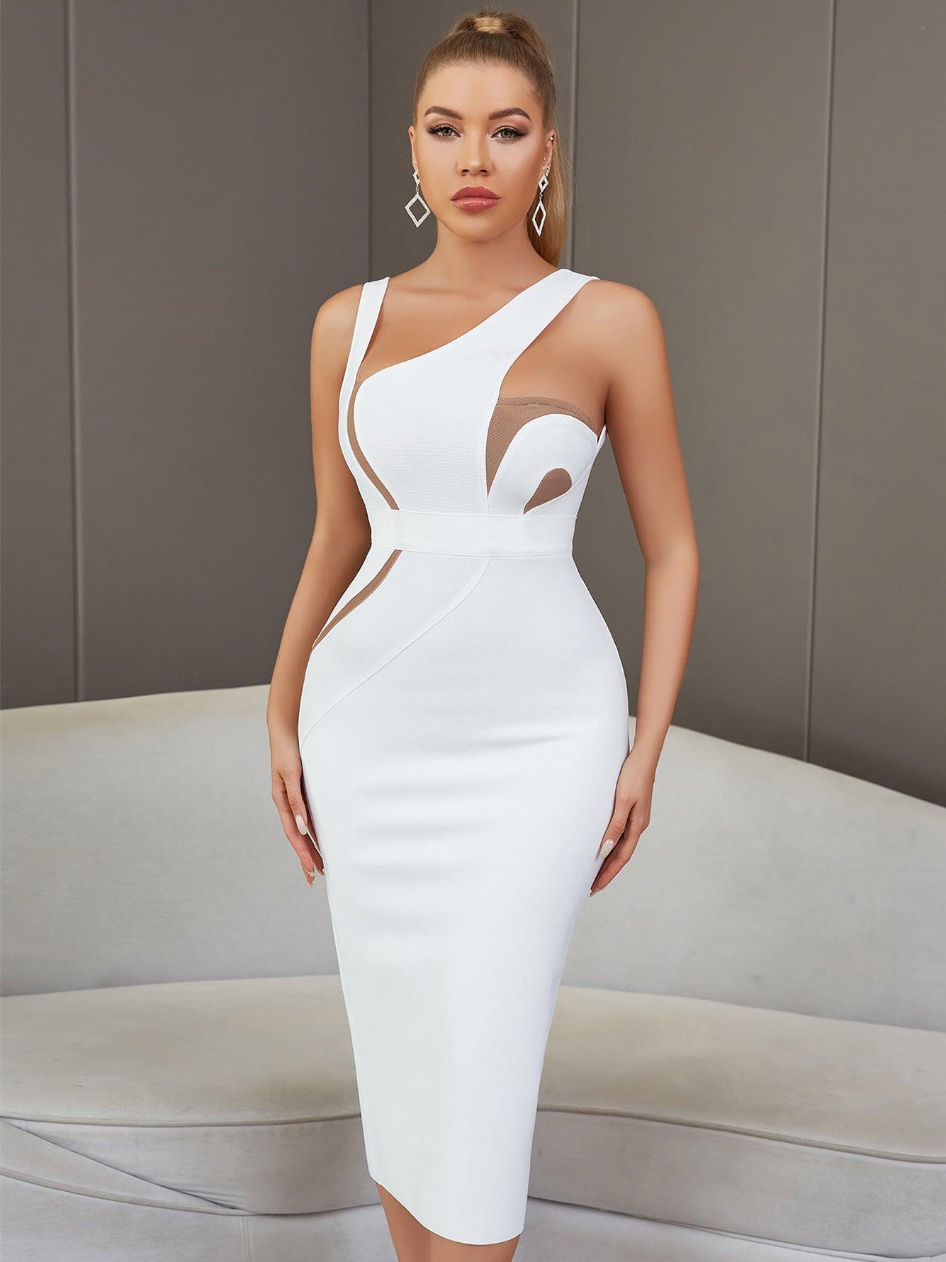 Summer Vest Sleeveless Sexy Backless White Mid Length Tight Bandage One Piece Dress Women Elegant Lady Of Note Evening Dress - Yara fashion  42990249 Summer Vest Sleeveless Sexy Backless White Mid Length Tight Bandage One Piece Dress Women Elegant Lady Of Note Evening Dress 