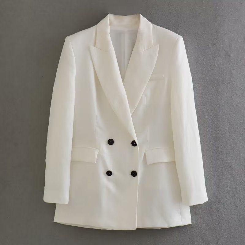 Summer White Office Casual Collared Double Breasted Blazer - Yara fashion  63492815 Summer White Office Casual Collared Double Breasted Blazer 