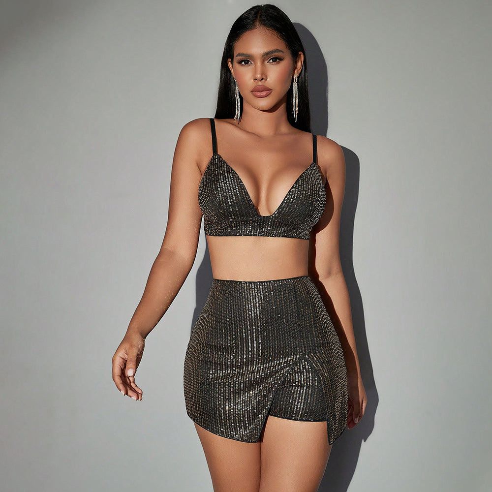 Summer Women Clothing Sexy Camisole Sequ Slimming Hip Skirt Set - Yara fashion  3247966 Summer Women Clothing Sexy Camisole Sequ Slimming Hip Skirt Set 