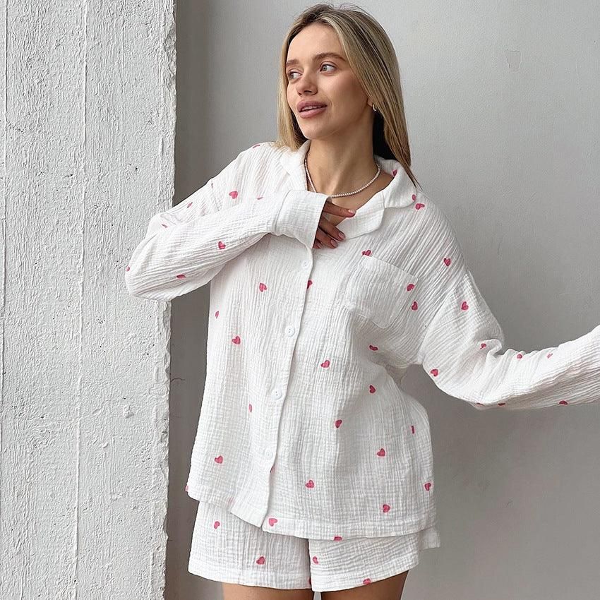 Sweet Loving Heart Casual Loose Long Sleeve Shorts Pajamas Two Piece Set Can Be Outerwear Homewear Women - Yara fashion  58396684 Sweet Loving Heart Casual Loose Long Sleeve Shorts Pajamas Two Piece Set Can Be Outerwear Homewear Women 