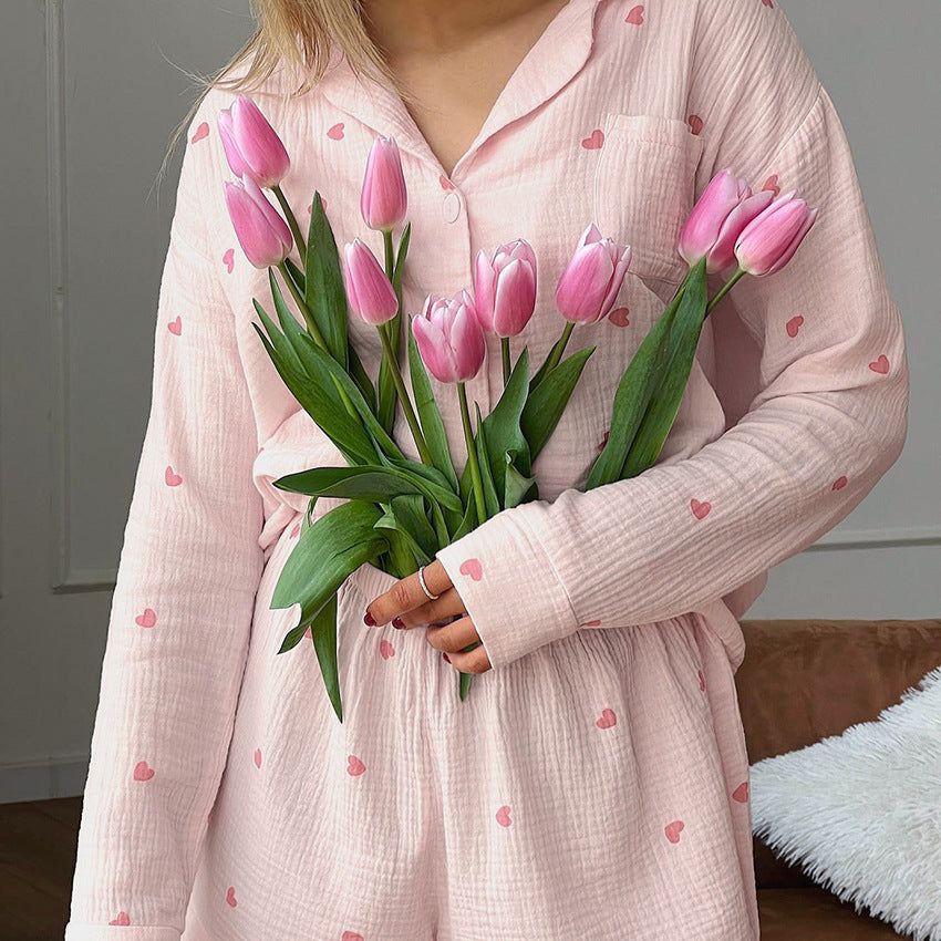 Sweet Loving Heart Casual Loose Long Sleeve Shorts Pajamas Two Piece Set Can Be Outerwear Homewear Women - Yara fashion  78902338 Sweet Loving Heart Casual Loose Long Sleeve Shorts Pajamas Two Piece Set Can Be Outerwear Homewear Women 