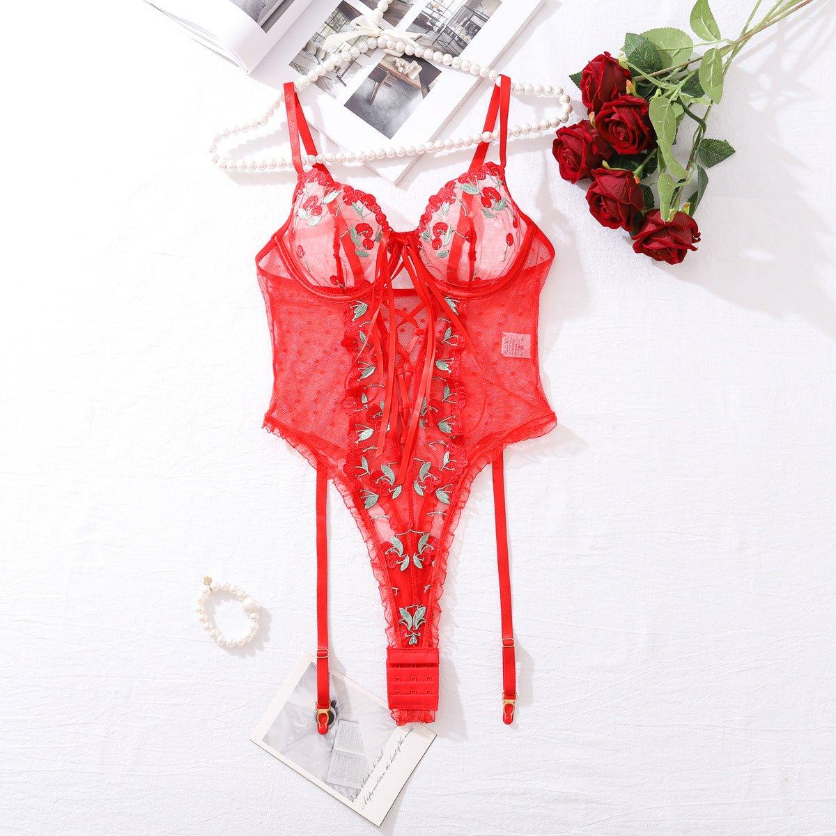 Underwear Sexy Red Mesh Lace Stitching Low Cut Hollow Out Cutout Sexy Jumpsuit - Yara fashionYara fashion