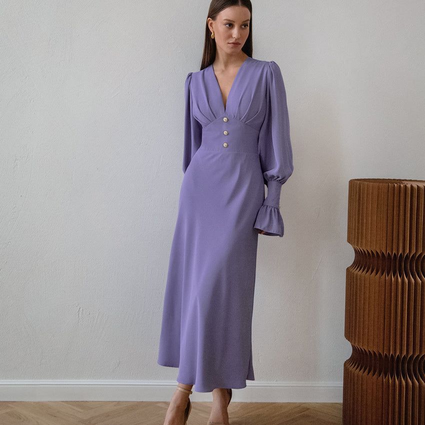 V neck Dress Autumn Simplicity Slim Fit A line Dress Women French Chiffon Midi Dress - Yara fashion  19725226 V neck Dress Autumn Simplicity Slim Fit A line Dress Women French Chiffon Midi Dress 