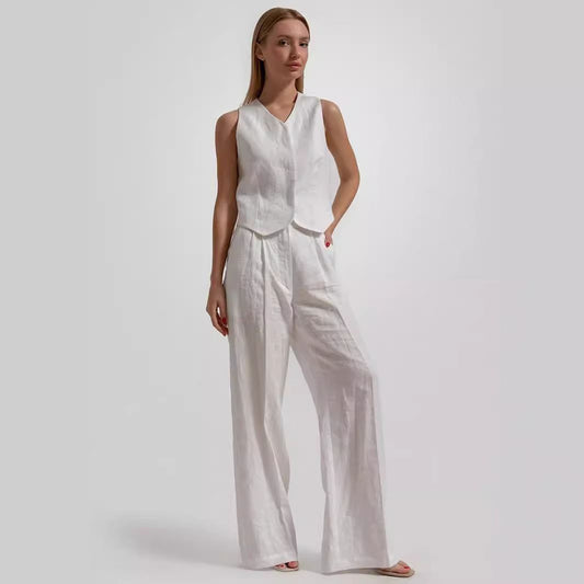 Vest Trousers Suit Summer Casual Pure White V Collar Sleeveless Waistcoat Vest Trousers Suit - Yara fashion  75273003 Vest Trousers Suit Summer Casual Pure White V Collar Sleeveless Waistcoat Vest Trousers Suit 