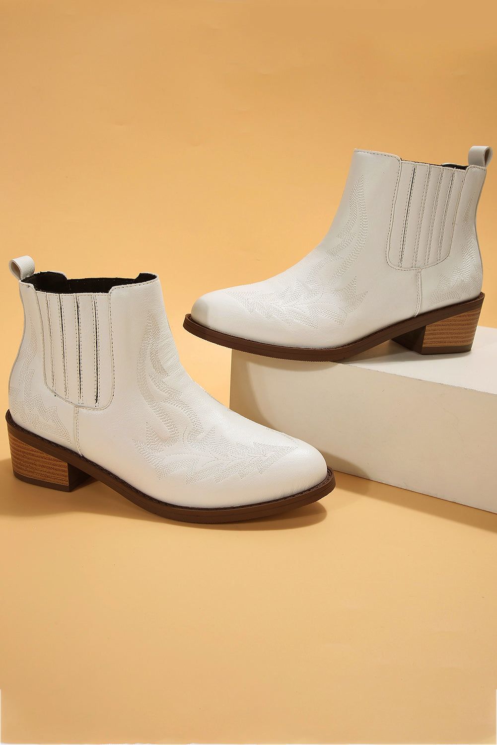 White Embroidered Leather Thick Heel Booties - Yara fashion  20346716 White Embroidered Leather Thick Heel Booties 