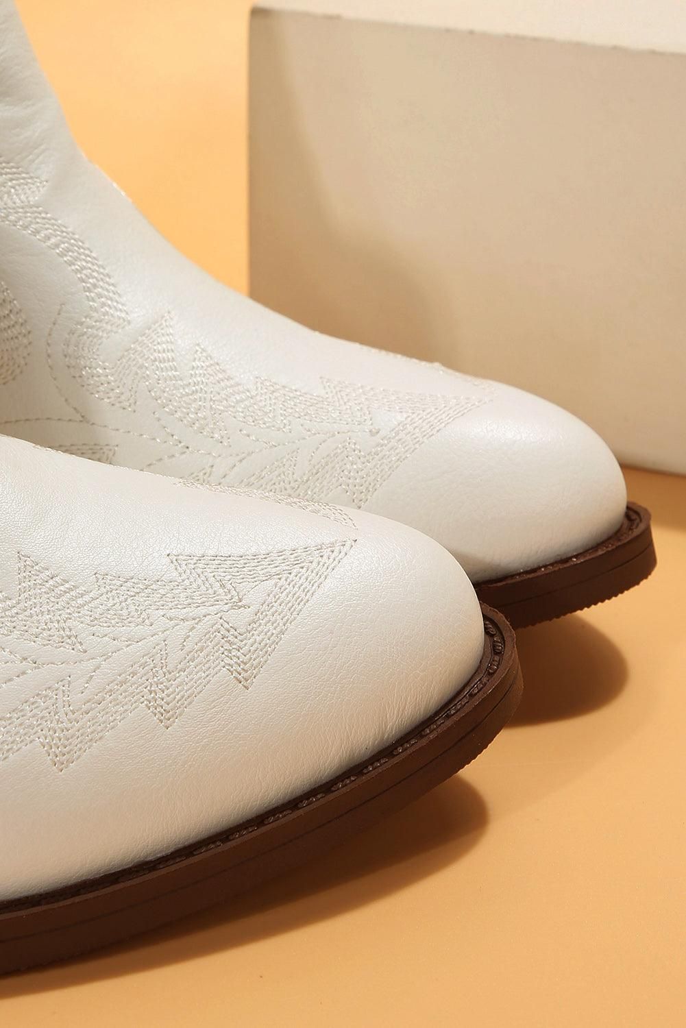 White Embroidered Leather Thick Heel Booties - Yara fashion  55660482 White Embroidered Leather Thick Heel Booties 