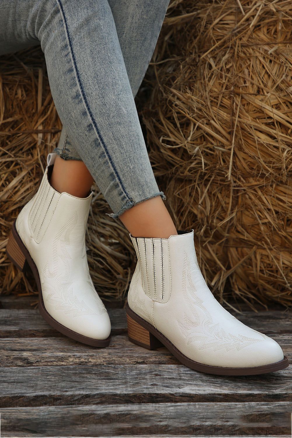 White Embroidered Leather Thick Heel Booties - Yara fashion  43587230 White Embroidered Leather Thick Heel Booties 