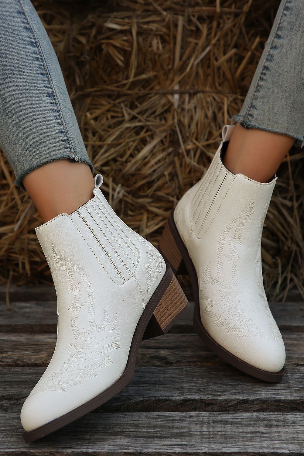 White Embroidered Leather Thick Heel Booties - Yara fashion  75909819 White Embroidered Leather Thick Heel Booties 