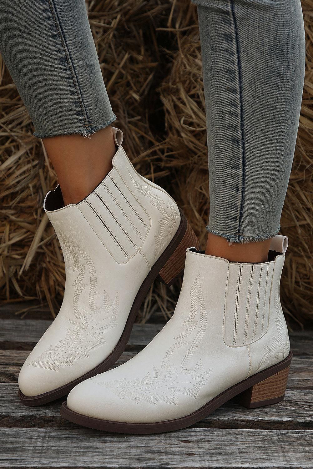 White Embroidered Leather Thick Heel Booties - Yara fashion  37858222 White Embroidered Leather Thick Heel Booties 