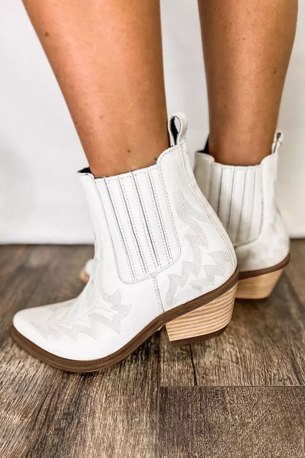 White Embroidered Leather Thick Heel Booties - Yara fashion  16405271 White Embroidered Leather Thick Heel Booties 