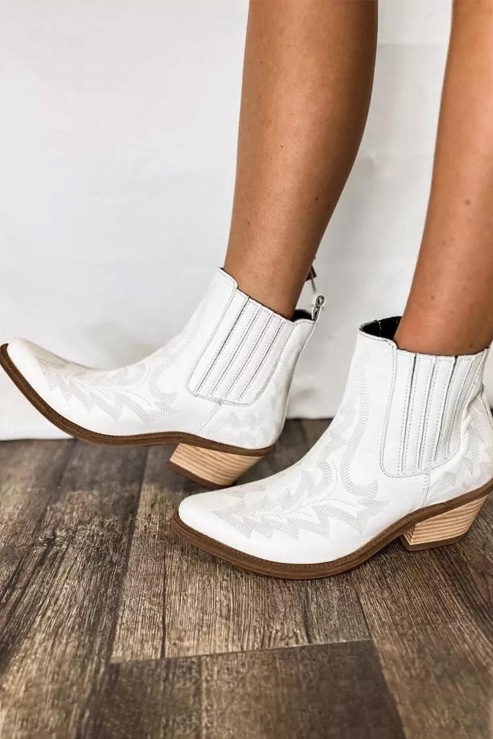 White Embroidered Leather Thick Heel Booties - Yara fashion  69265451 White Embroidered Leather Thick Heel Booties 