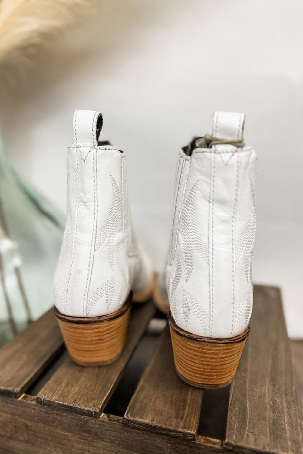 White Embroidered Leather Thick Heel Booties - Yara fashion  4820191 White Embroidered Leather Thick Heel Booties 