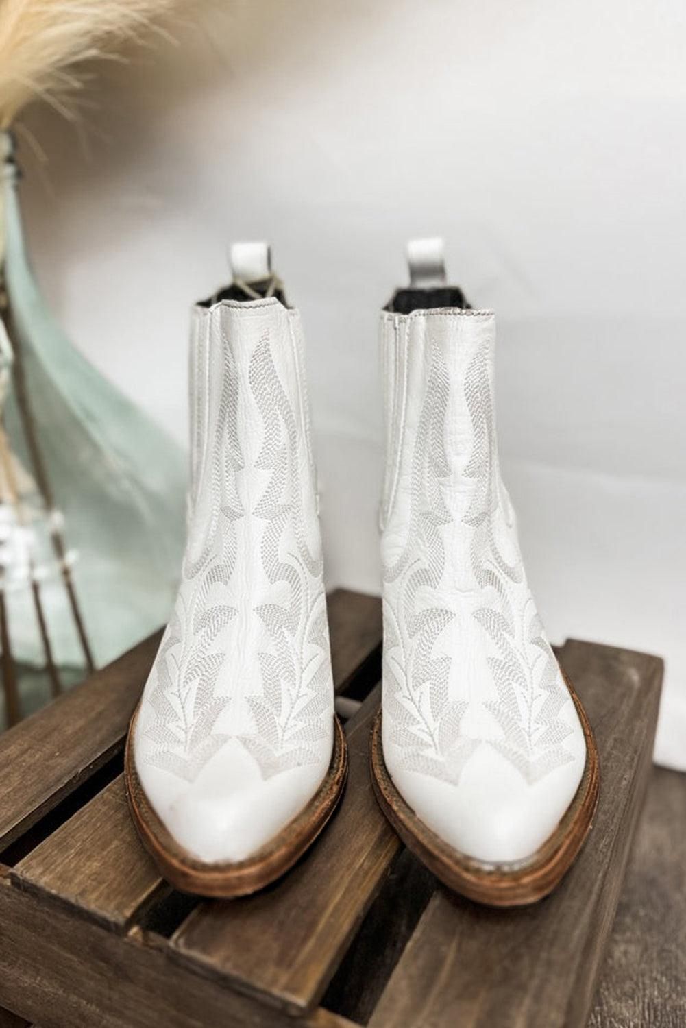 White Embroidered Leather Thick Heel Booties - Yara fashion  31508912 White Embroidered Leather Thick Heel Booties 