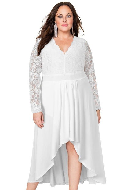 White Plus Size High-Low Lace Contrast Evening Dress - Yara fashion  8478570 White Plus Size High-Low Lace Contrast Evening Dress 