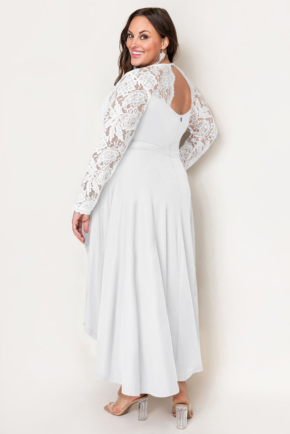 White Plus Size High-Low Lace Contrast Evening Dress - Yara fashion  731868 White Plus Size High-Low Lace Contrast Evening Dress 