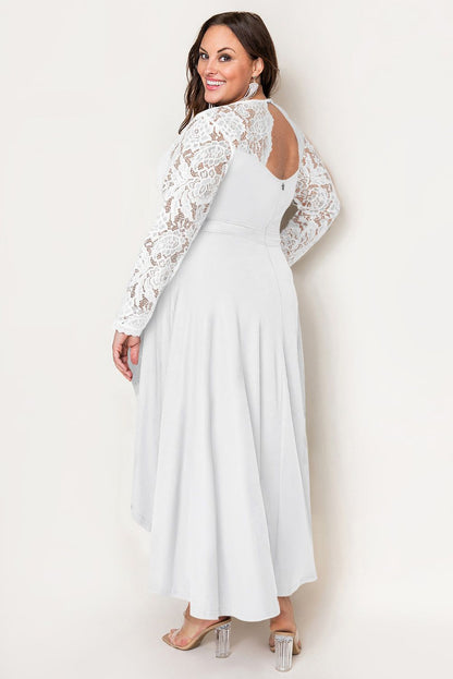 White Plus Size High-Low Lace Contrast Evening Dress - Yara fashion  731868 White Plus Size High-Low Lace Contrast Evening Dress 