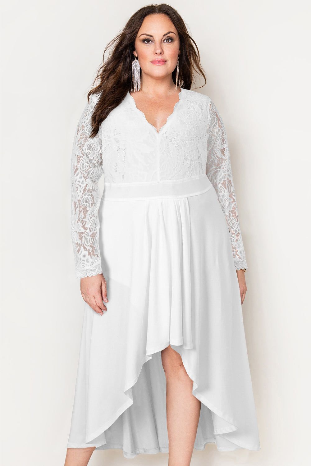 White Plus Size High-Low Lace Contrast Evening Dress - Yara fashion  45218416 White Plus Size High-Low Lace Contrast Evening Dress 