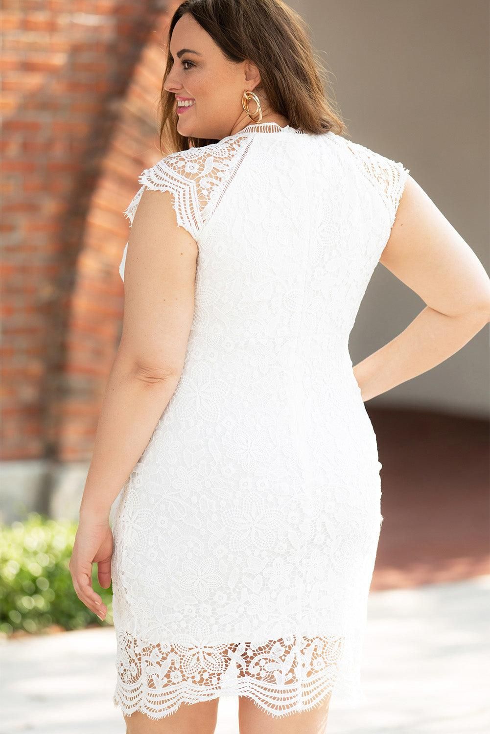 White Plus Size Lace Cap Sleeves Bodycon Midi Dress - Yara fashion  32157989 White Plus Size Lace Cap Sleeves Bodycon Midi Dress 