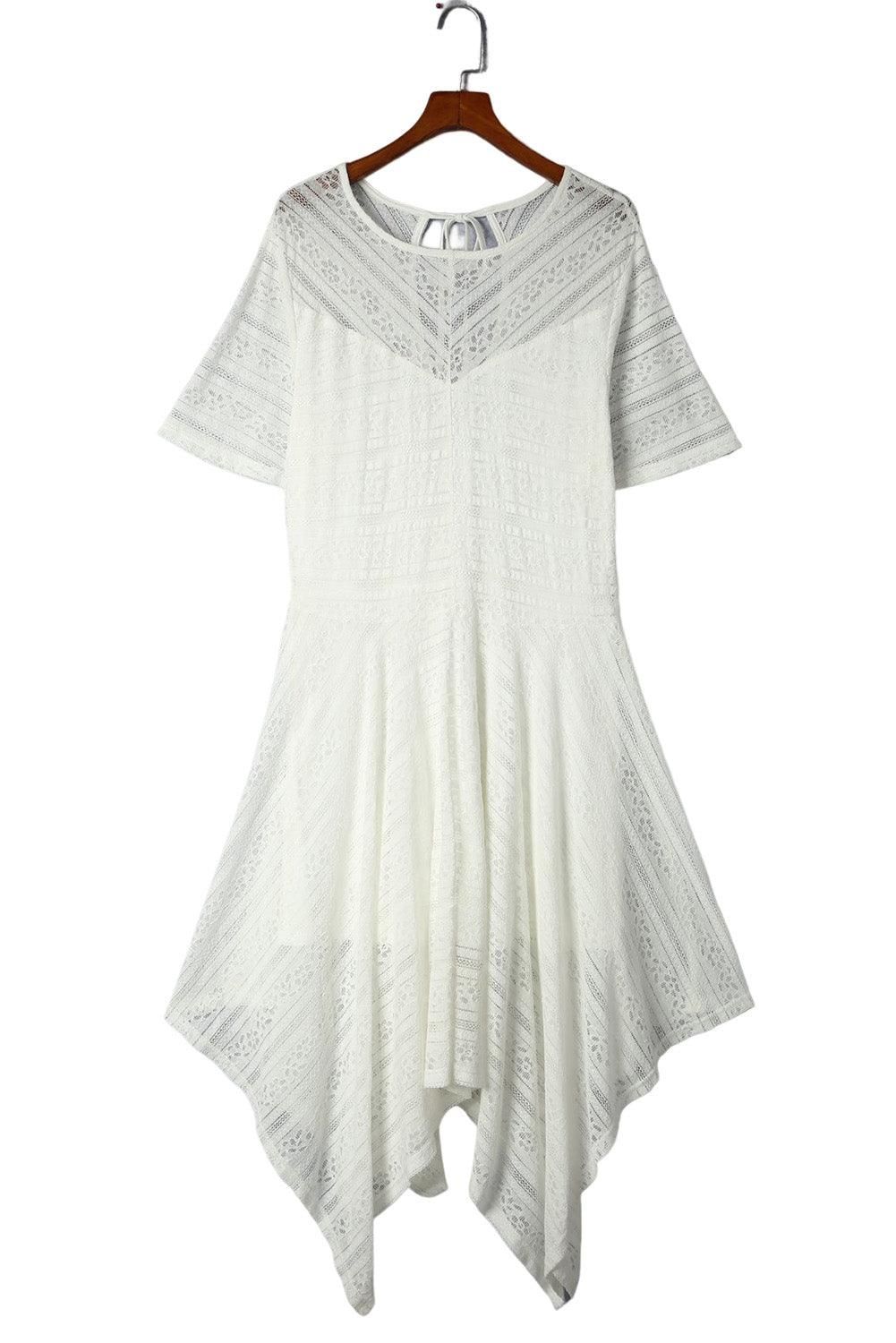 White Plus Size Lace Striped Texture Handkerchief Hem Dress - Yara fashion  92797909 White Plus Size Lace Striped Texture Handkerchief Hem Dress 