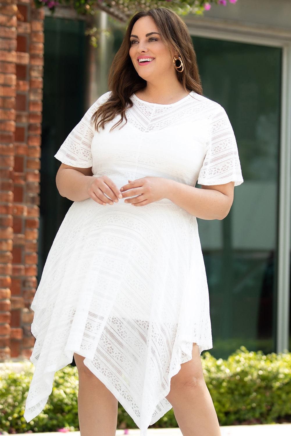 White Plus Size Lace Striped Texture Handkerchief Hem Dress - Yara fashion  99145621 White Plus Size Lace Striped Texture Handkerchief Hem Dress 