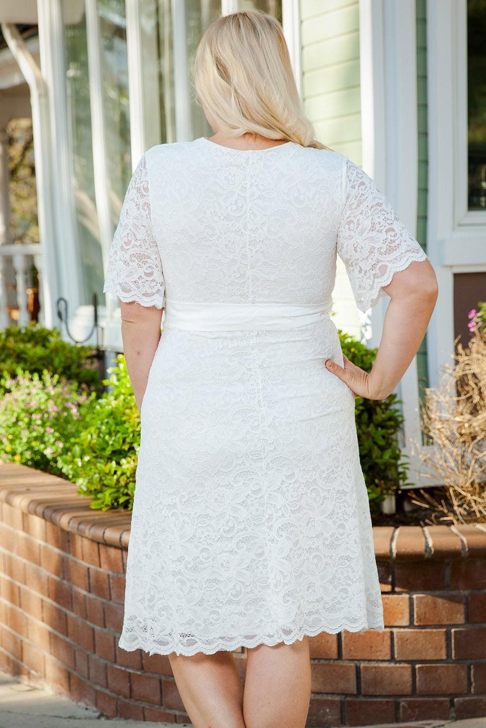 White Scalloped Lace Wrap V Neck Plus Size Dress - Yara fashion  64884019 White Scalloped Lace Wrap V Neck Plus Size Dress 