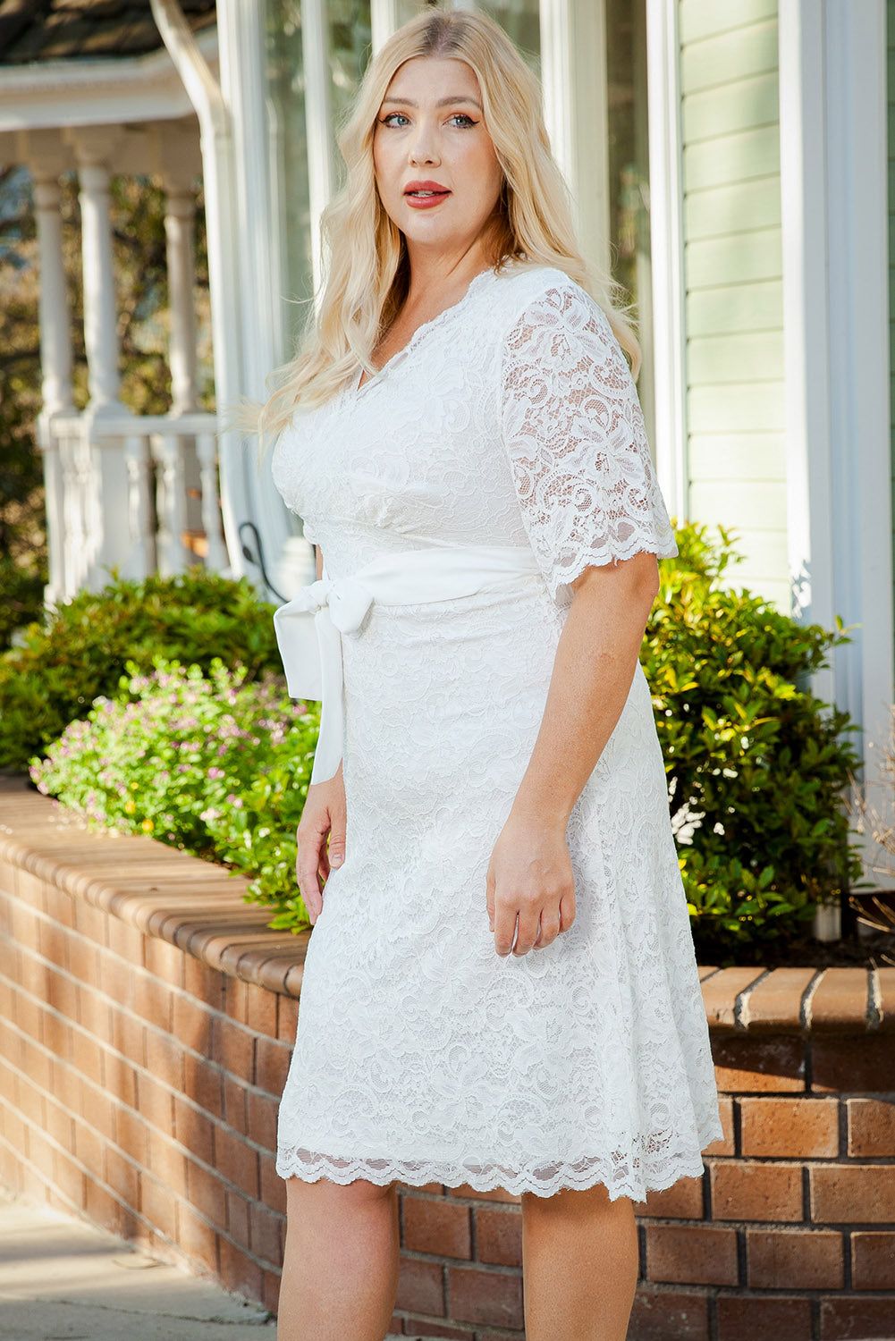 White Scalloped Lace Wrap V Neck Plus Size Dress - Yara fashion  9552804 White Scalloped Lace Wrap V Neck Plus Size Dress 