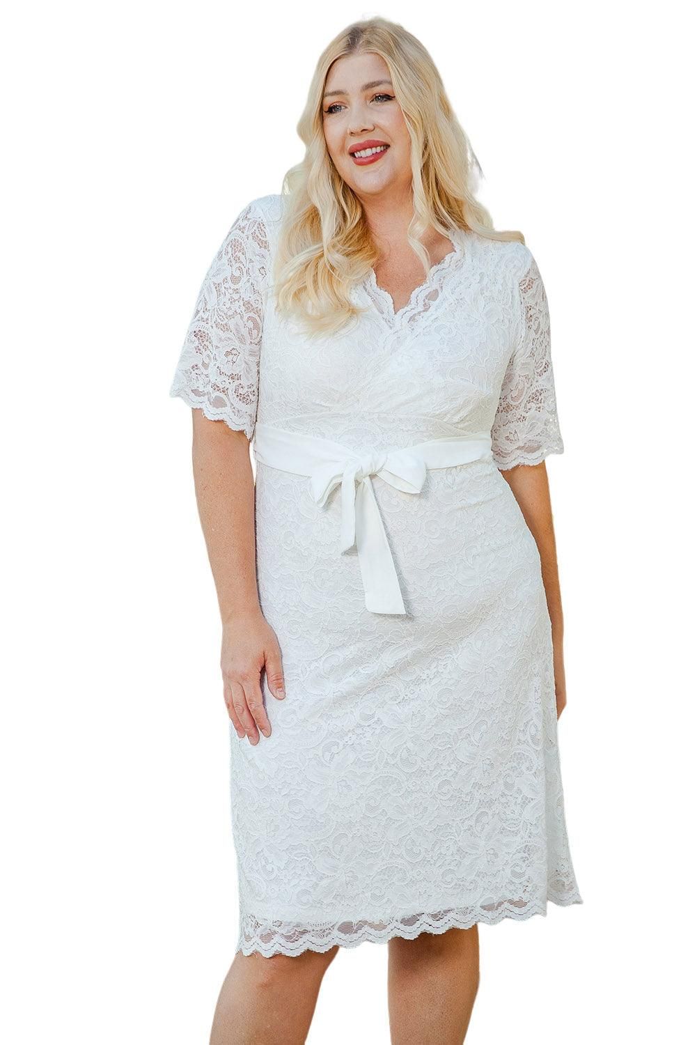 White Scalloped Lace Wrap V Neck Plus Size Dress - Yara fashion  71081302 White Scalloped Lace Wrap V Neck Plus Size Dress 