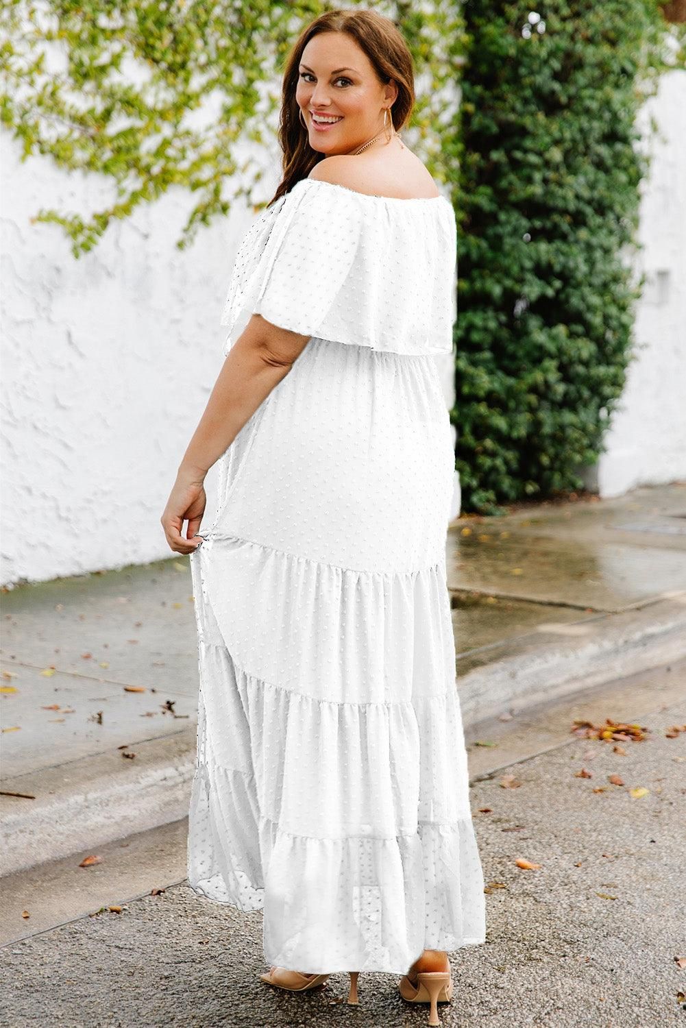 White Swiss Dot Plus Size Ruffle Tiered Maxi Dress - Yara fashion  68946913 White Swiss Dot Plus Size Ruffle Tiered Maxi Dress 