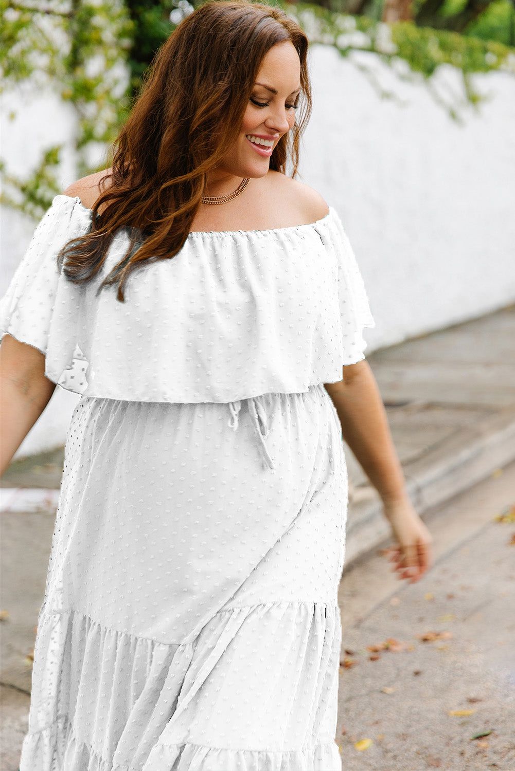 White Swiss Dot Plus Size Ruffle Tiered Maxi Dress - Yara fashion  884936 White Swiss Dot Plus Size Ruffle Tiered Maxi Dress 