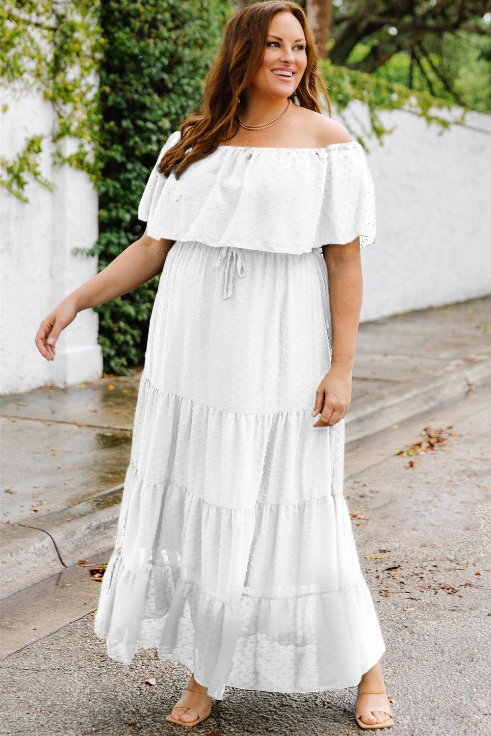 White Swiss Dot Plus Size Ruffle Tiered Maxi Dress - Yara fashion  96750489 White Swiss Dot Plus Size Ruffle Tiered Maxi Dress 