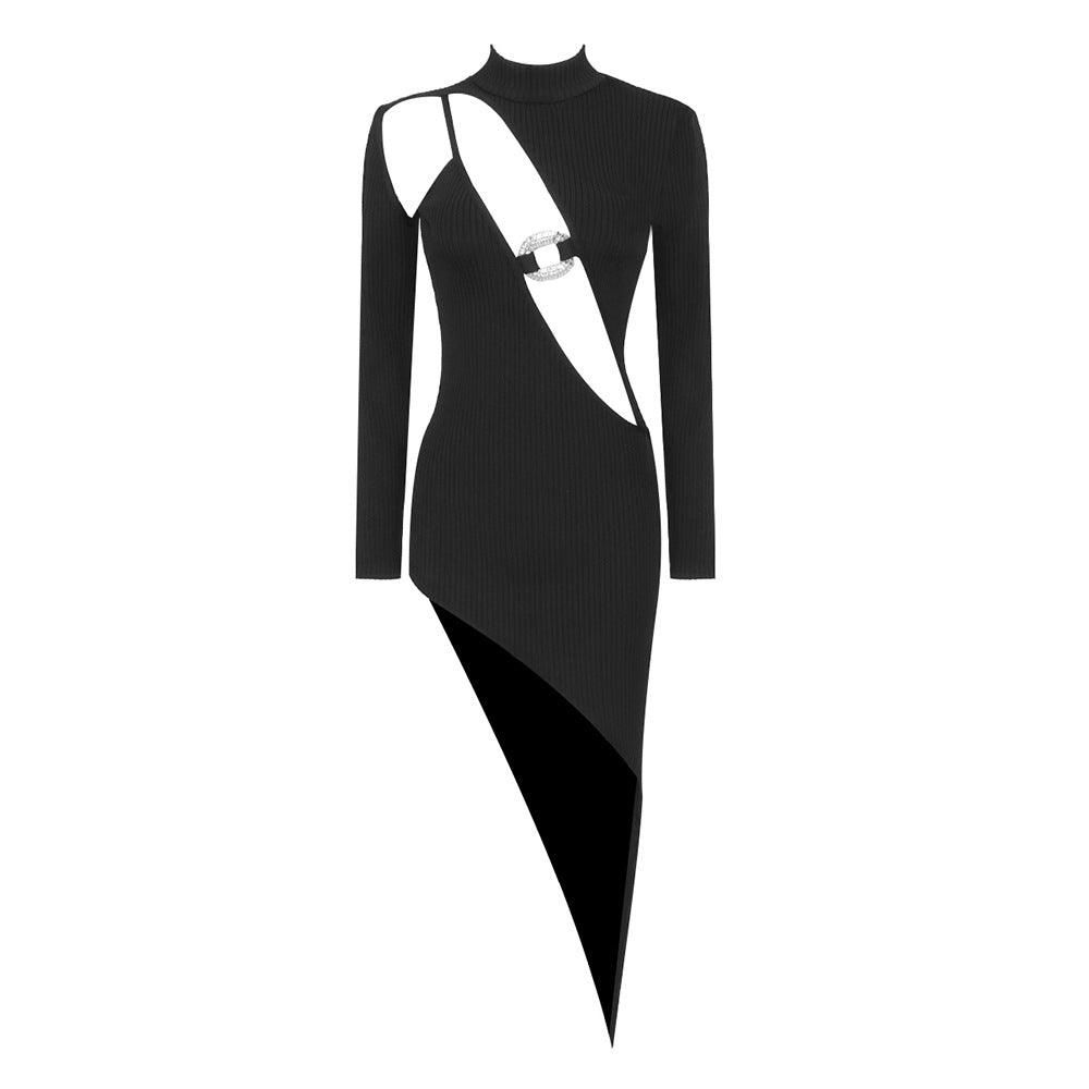 Winter Black Long Sleeve Dress Diamond Decorations Hollow Out Cutout Asymmetric Women Clothing Bandage Dress - Yara fashion  71087580 Winter Black Long Sleeve Dress Diamond Decorations Hollow Out Cutout Asymmetric Women Clothing Bandage Dress 