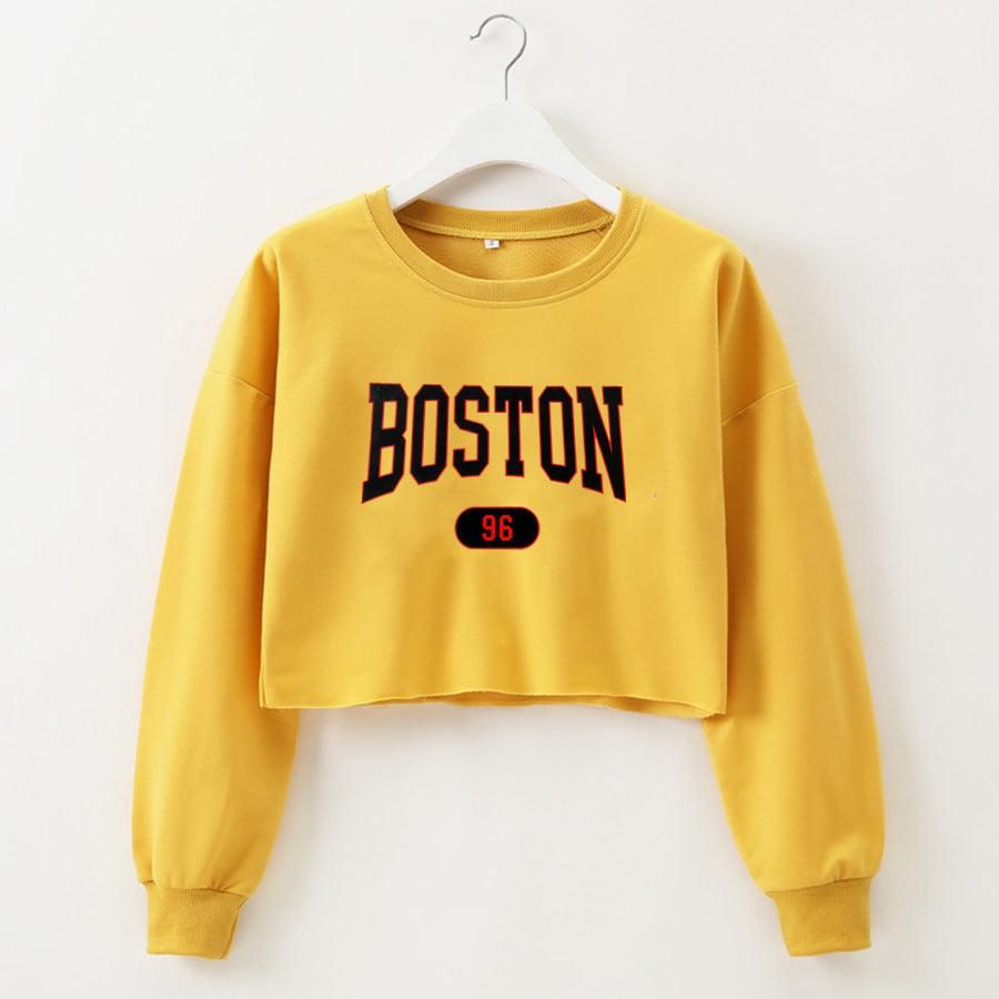 Women Clothing Autumn Winter Boston Letter Graphic Printing Cropped Long Sleeves Sweater Women - Yara fashion  99115108 Women Clothing Autumn Winter Boston Letter Graphic Printing Cropped Long Sleeves Sweater Women 