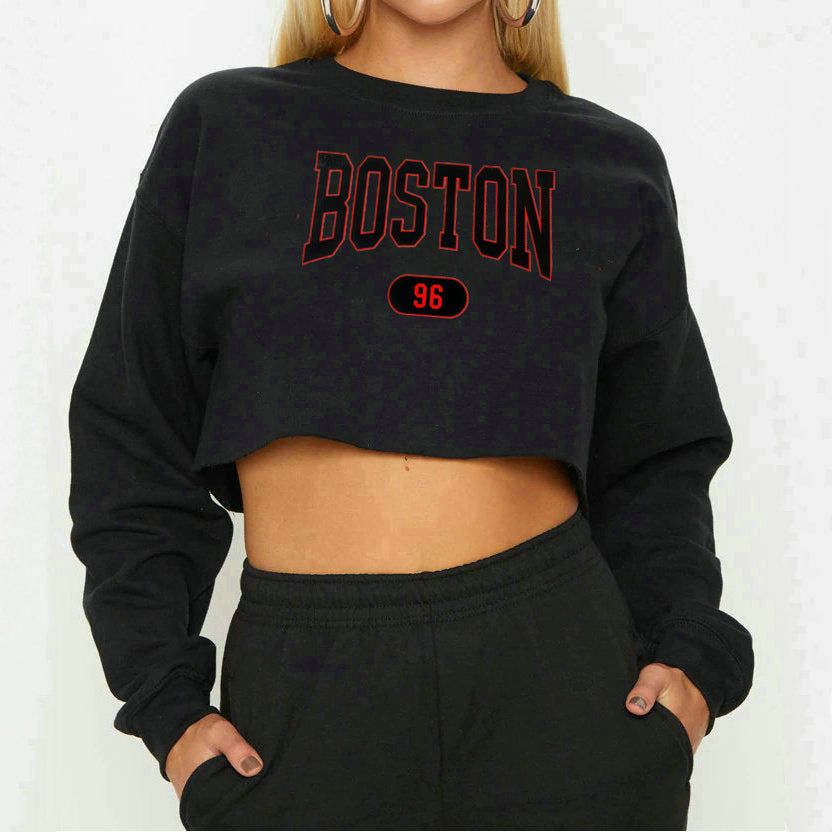 Women Clothing Autumn Winter Boston Letter Graphic Printing Cropped Long Sleeves Sweater Women - Yara fashion  88317329 Women Clothing Autumn Winter Boston Letter Graphic Printing Cropped Long Sleeves Sweater Women 