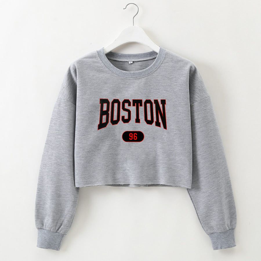 Women Clothing Autumn Winter Boston Letter Graphic Printing Cropped Long Sleeves Sweater Women - Yara fashion  56203763 Women Clothing Autumn Winter Boston Letter Graphic Printing Cropped Long Sleeves Sweater Women 