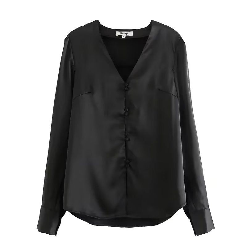 Women Clothing Bag Buckle V Neck Satin Shirt - Yara fashion  19133218 Women Clothing Bag Buckle V Neck Satin Shirt 