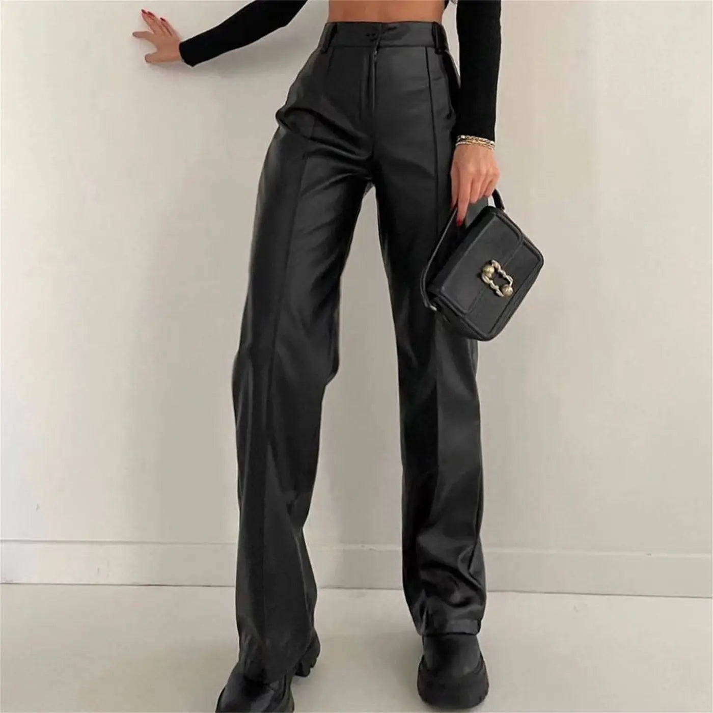 Women Clothing Faux Leather Trousers Autumn Winter Casual Pants Fried Street Cool Straight Leg Pants Figure Flattering Leather Pants Women - Yara fashion  21195549 Women Clothing Faux Leather Trousers Autumn Winter Casual Pants Fried Street Cool Straight Leg Pants Figure Flattering Leather Pants Women 