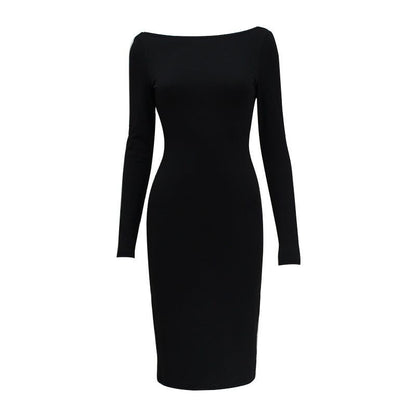 Women Clothing Long Sleeve Sexy Backless Dress with Zipper Elegant Pure Slit Midi Dress - Yara fashion  41193639 Women Clothing Long Sleeve Sexy Backless Dress with Zipper Elegant Pure Slit Midi Dress 