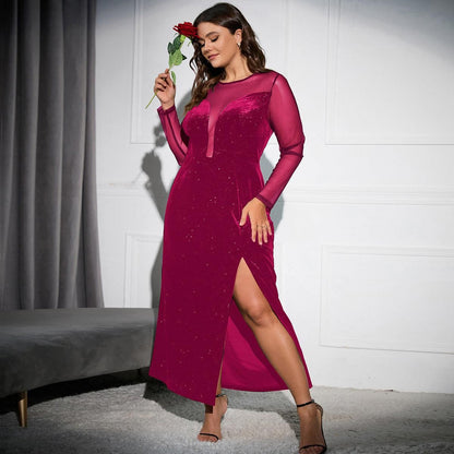 Women Clothing Stitching Velvet Wrapped Chest Dress Sexy High Split Dress - Yara fashion  18516926 Women Clothing Stitching Velvet Wrapped Chest Dress Sexy High Split Dress 