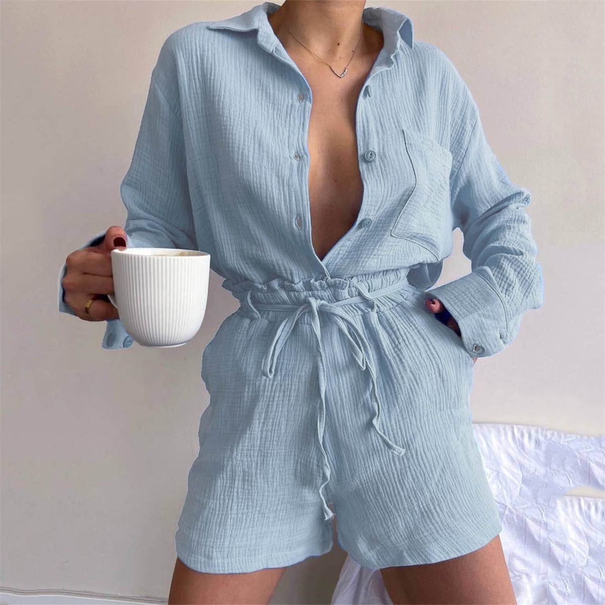 Women Clothing Suit Pure Cotton Summer Collared Long Sleeve Shirt High Waist Pocket Shorts Two Piece Set - Yara fashion  66829981 Women Clothing Suit Pure Cotton Summer Collared Long Sleeve Shirt High Waist Pocket Shorts Two Piece Set 