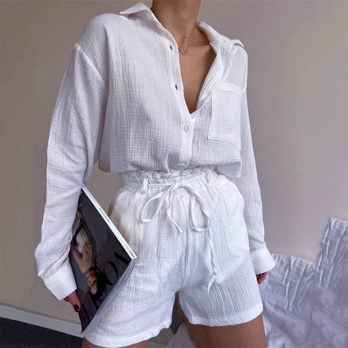 Women Clothing Suit Pure Cotton Summer Collared Long Sleeve Shirt High Waist Pocket Shorts Two Piece Set - Yara fashion  60770391 Women Clothing Suit Pure Cotton Summer Collared Long Sleeve Shirt High Waist Pocket Shorts Two Piece Set 