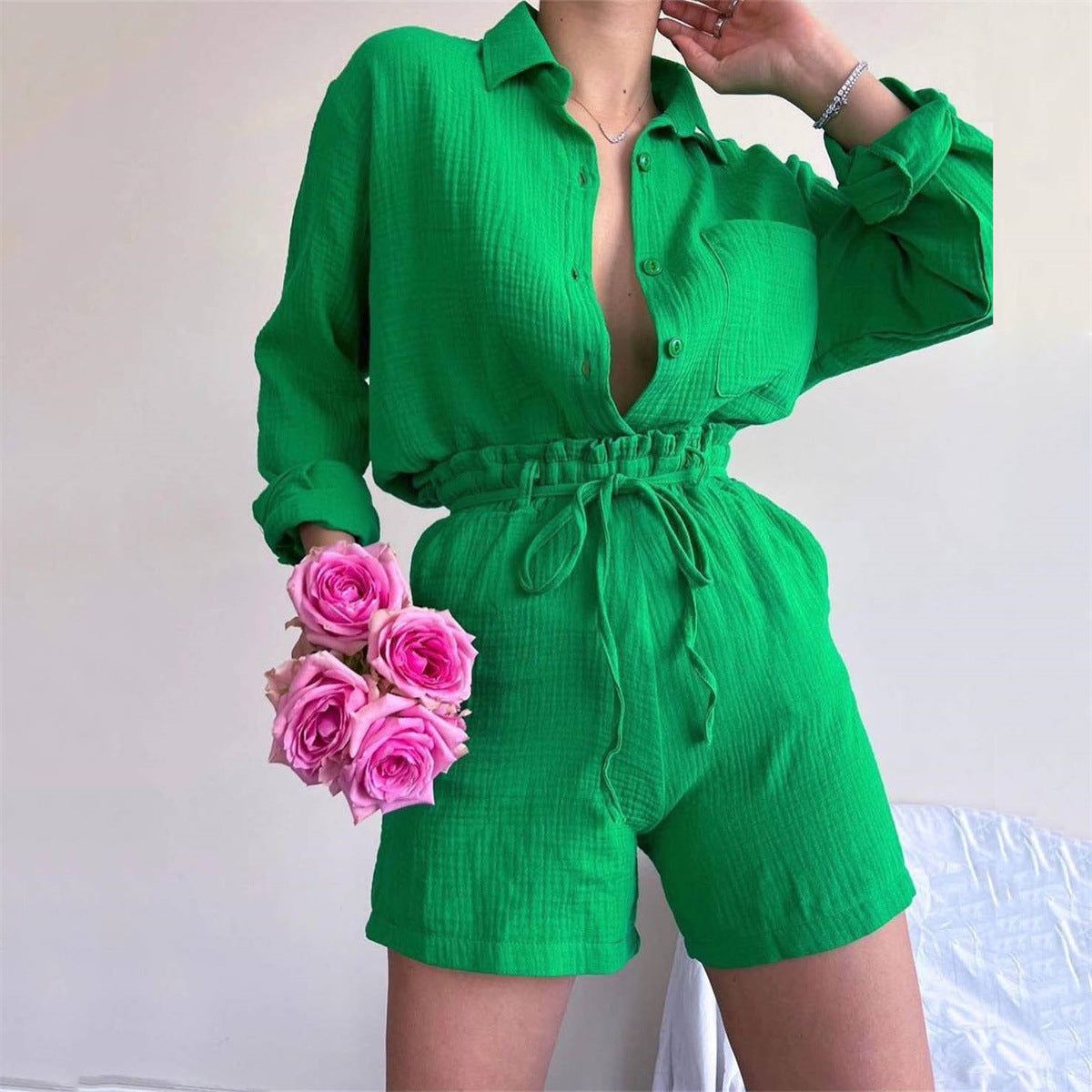 Women Clothing Suit Pure Cotton Summer Collared Long Sleeve Shirt High Waist Pocket Shorts Two Piece Set - Yara fashion  8795039 Women Clothing Suit Pure Cotton Summer Collared Long Sleeve Shirt High Waist Pocket Shorts Two Piece Set 