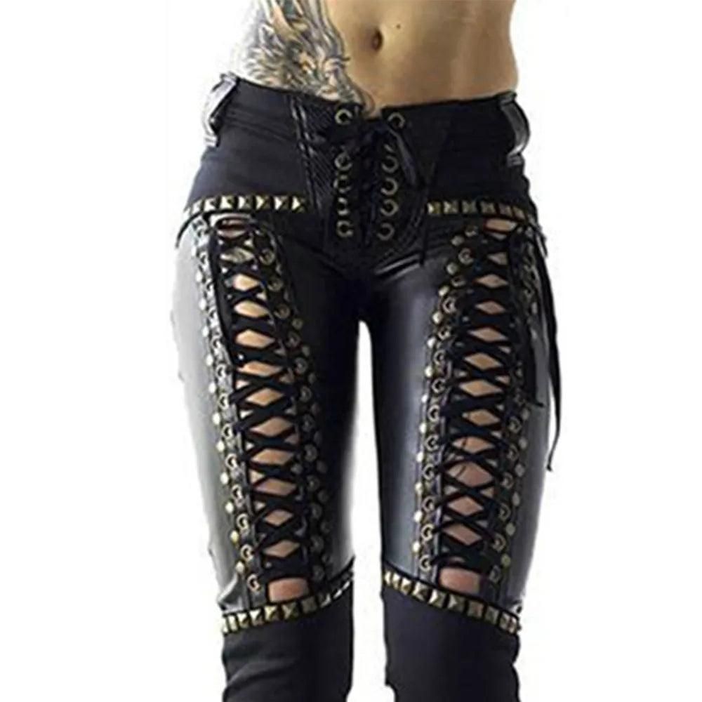 Women Pants Punk Rock Imitation Leather Pencil Pants - Yara fashion  2049152 Women Pants Punk Rock Imitation Leather Pencil Pants 