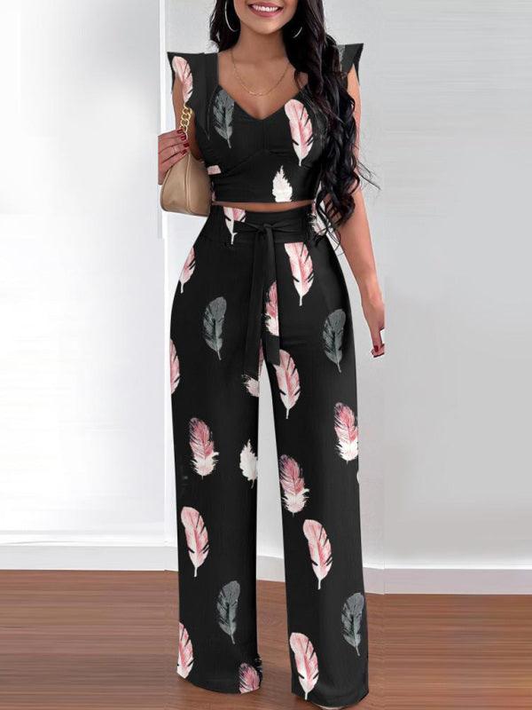 Women's casual fashion feather print commuting two-piece suit - Yara fashion  39850662 Women's casual fashion feather print commuting two-piece suit 